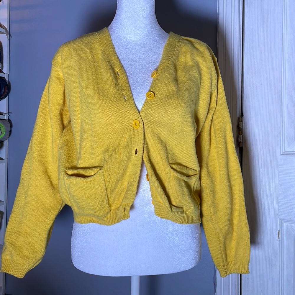 yellow knitted cardigan